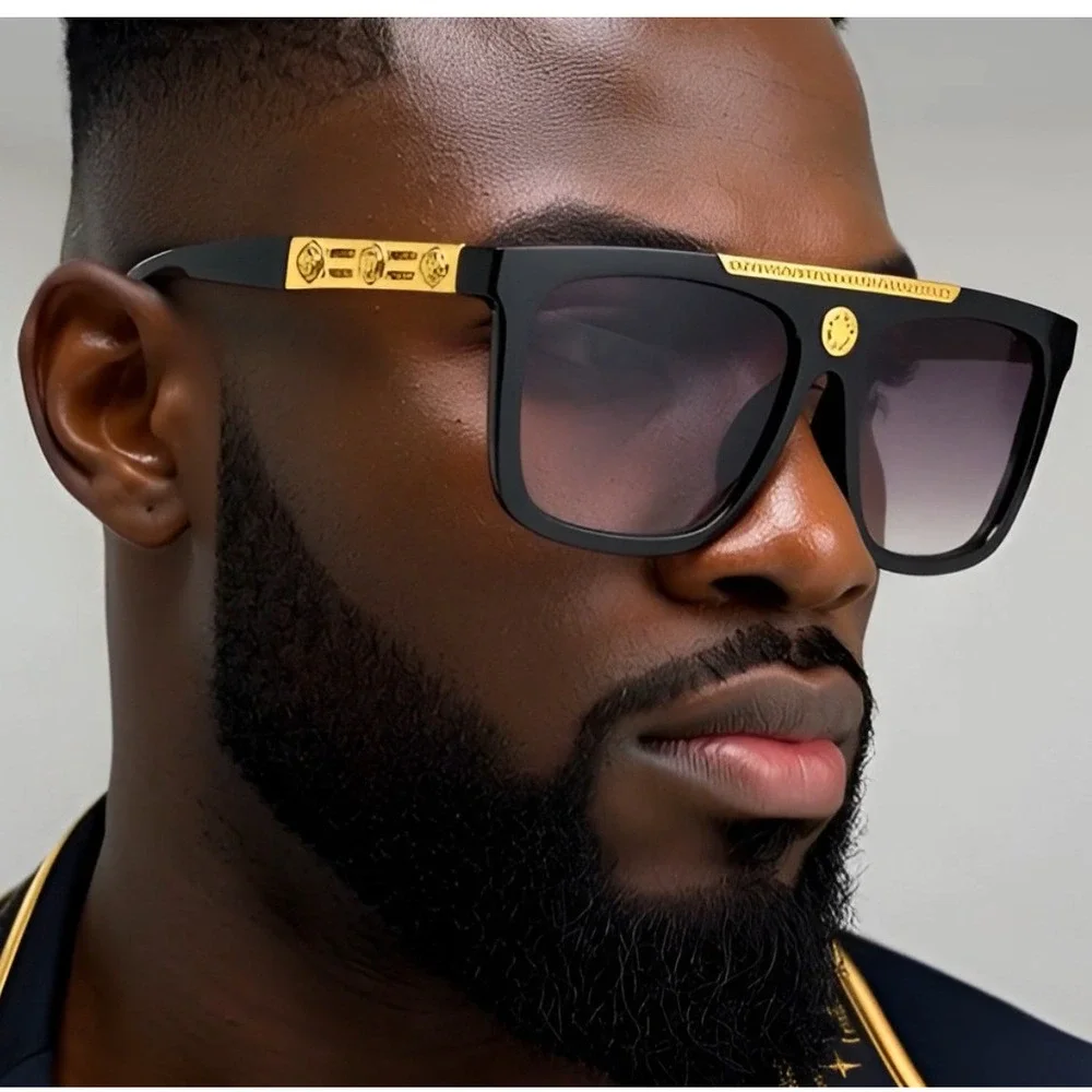 Flat Top Sunglasses‎ Men's Fashion Square Frame Gold Accent Black Lens Hip Hop